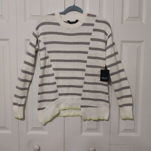 Vera Wang Woman Striped Crew Neck LS Sweater Gray White Asymmetrical Neon Hem XS